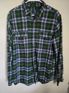 George Green and Blue Flannel Long-Sleeve Button Shirt, Size Medium